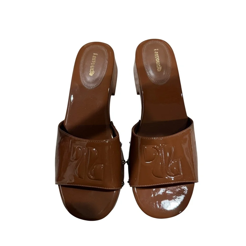 Larroude 8 Miso Platform Slides Caramel Patent Leather Brown Slide Sandal